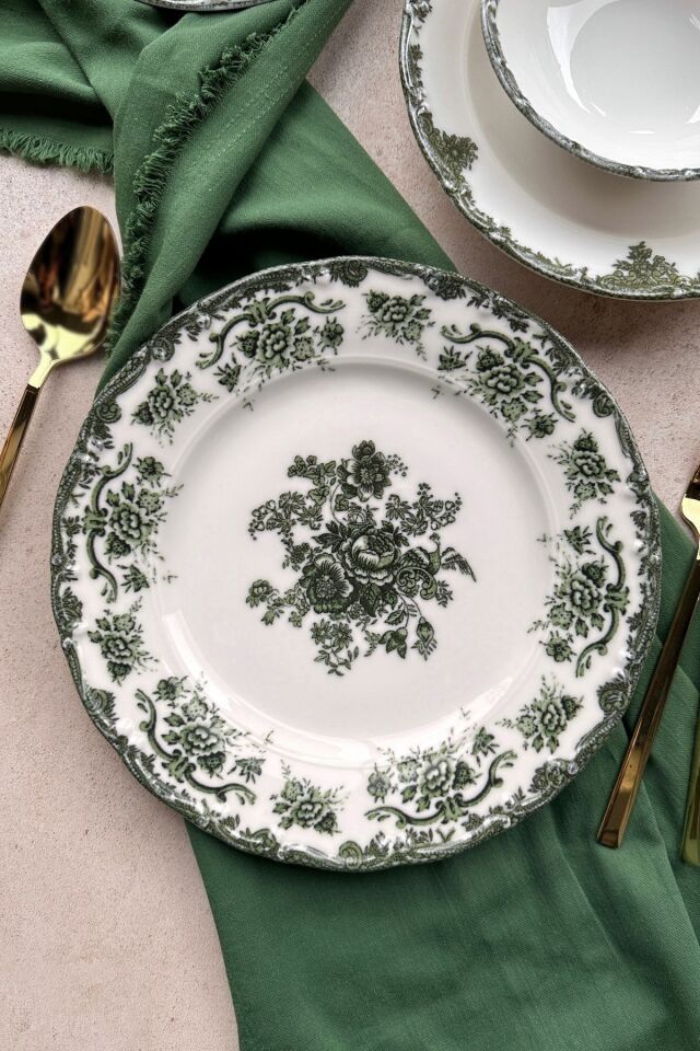 Antique Green 6 kişilik 25 cm Özel Tasarım Premium Porselen Servis Tabağı Takımı