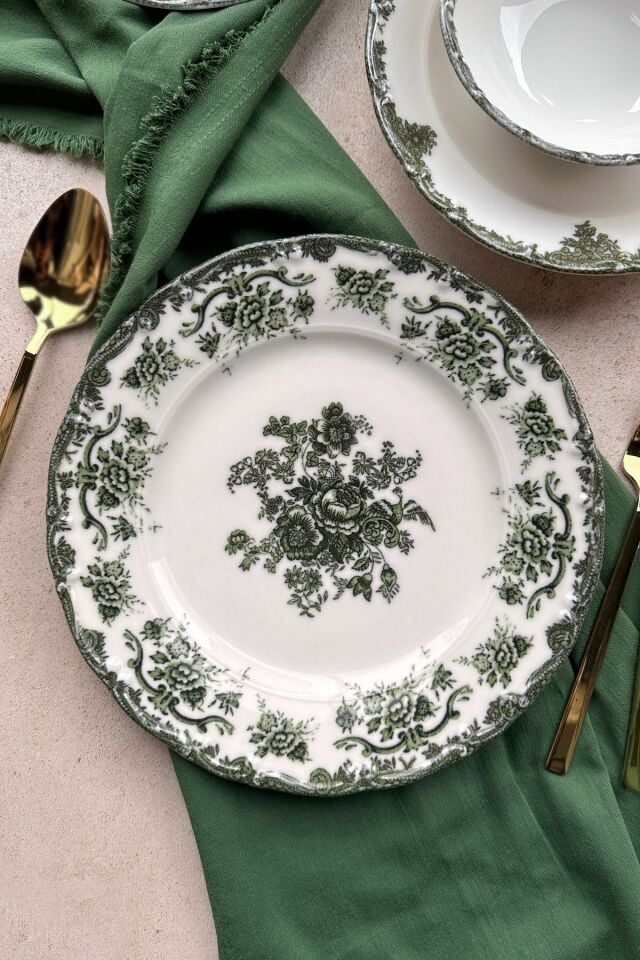 Antique Green 6 kişilik 25 cm Özel Tasarım Premium Porselen Servis Tabağı Takımı