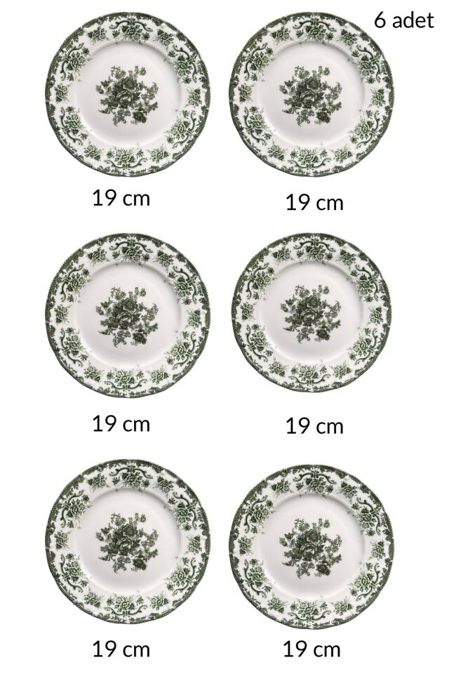 Antique Green 6 kişilik 19 cm Özel Tasarım Premium Porselen Pasta Tabağı Takımı DB3548