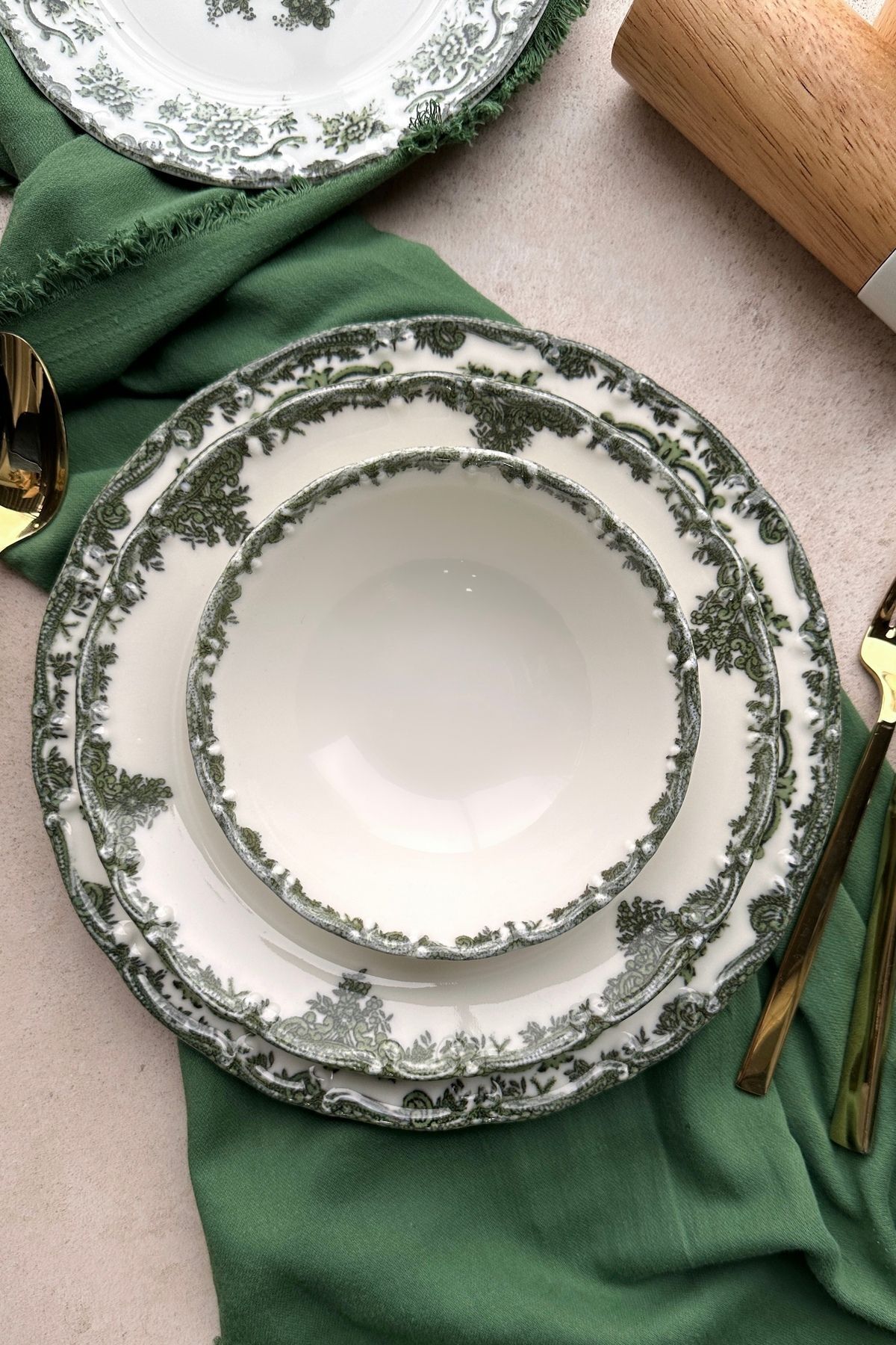 Antique Green 24 Parça 6 Kişilik Premium Porselen Yemek Takımı Yeşil Çiçek Desenli