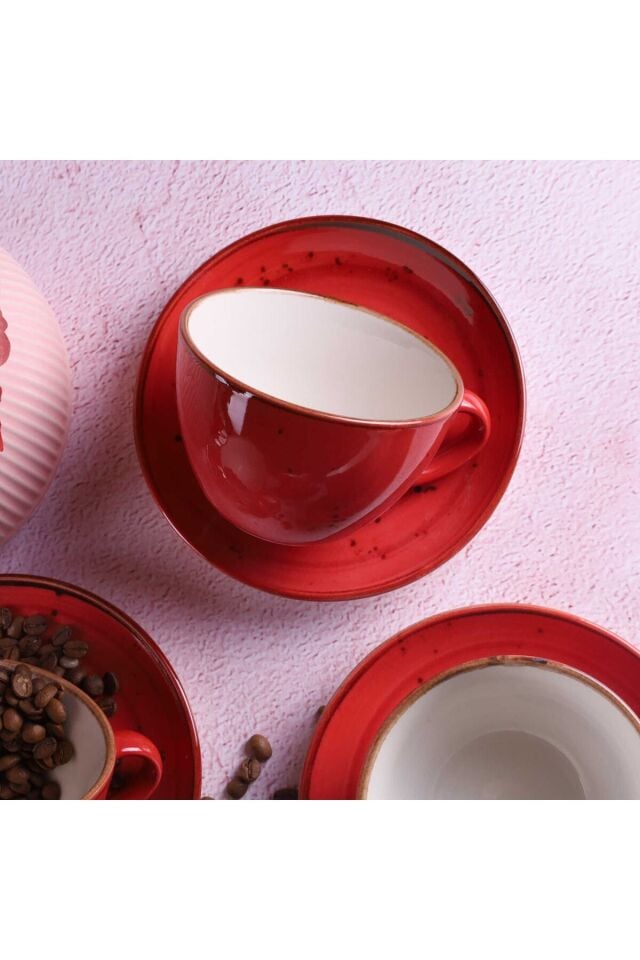 Reactive 36 Kırmızı 12 Parça 6 Kişilik 300 Ml Porselen Cappucino Latte Fincan Takımı