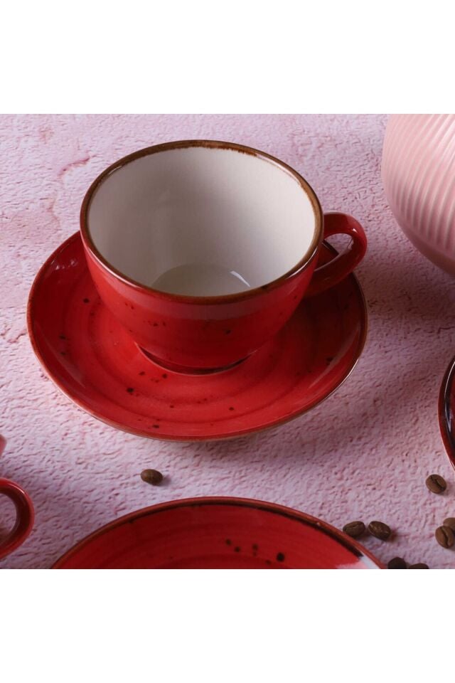 Reactive 36 Kırmızı 12 Parça 6 Kişilik 300 Ml Porselen Cappucino Latte Fincan Takımı