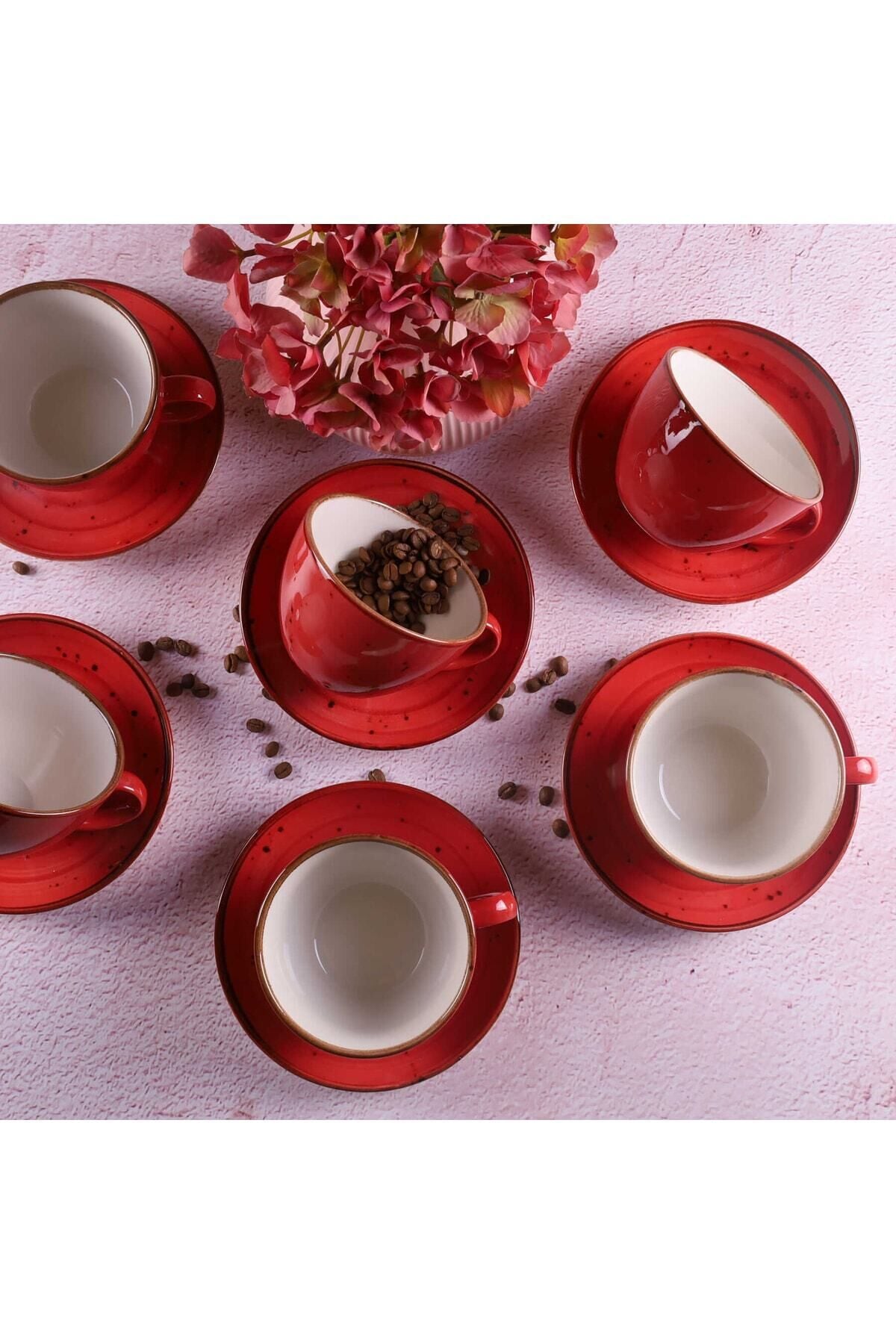 Reactive 36 Kırmızı 12 Parça 6 Kişilik 300 Ml Porselen Cappucino Latte Fincan Takımı