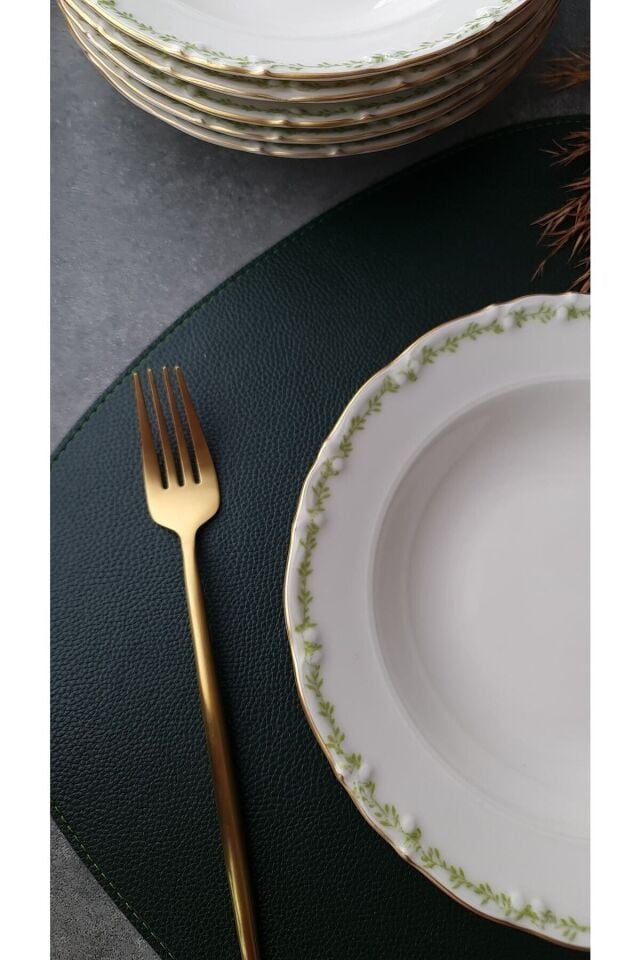 Green Garden Mat Altın Yaldızlı 6 Kişilik Çiçek Desenli Porselen Çukur Yemek Tabağı Takımı