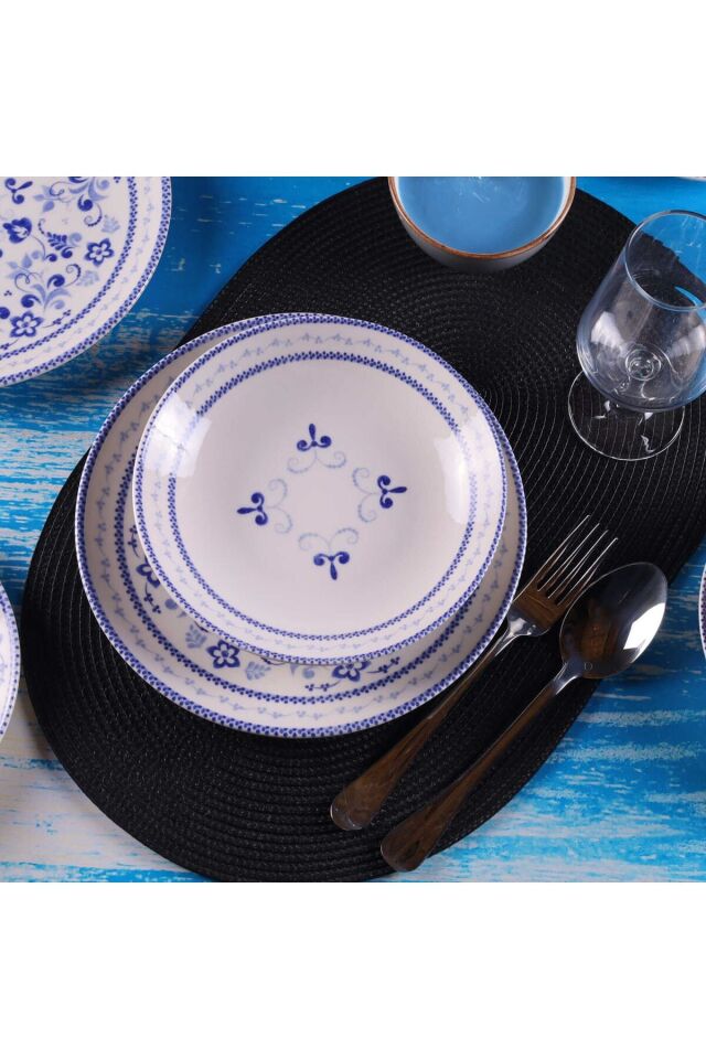Blue Blanc 24 Parça 6 Kişilik Günlük Yemek Takımı Mavi Krem Klasik Db0775