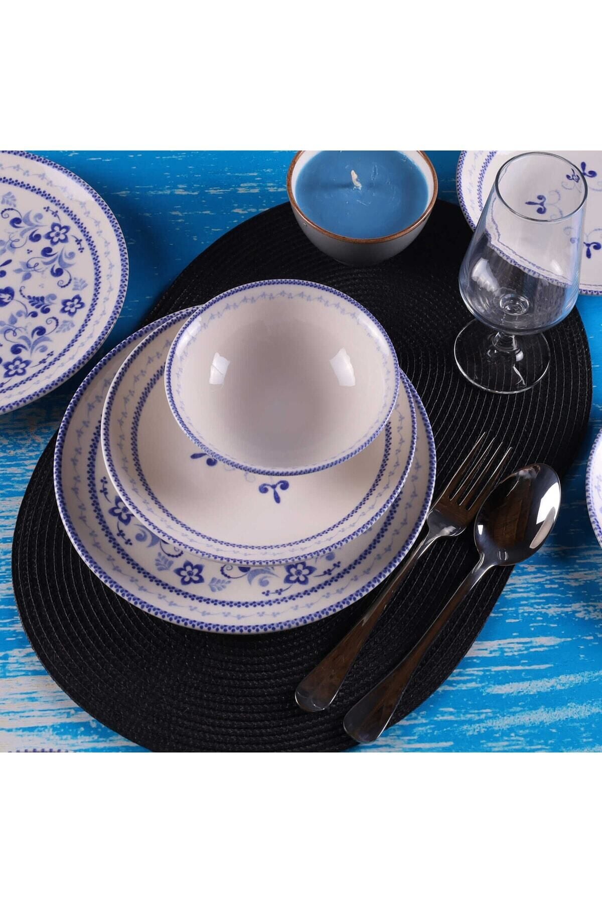 Blue Blanc 24 Parça 6 Kişilik Günlük Yemek Takımı Mavi Krem Klasik Db0775