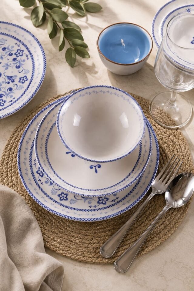 Blue Blanc 24 Parça 6 Kişilik Günlük Yemek Takımı Mavi Desenli
