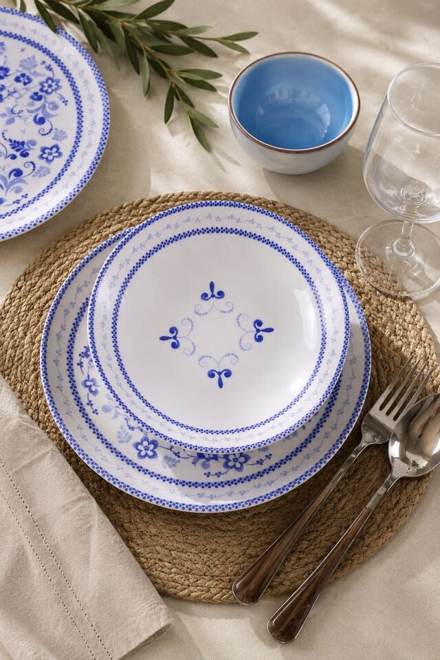 Blue Blanc 24 Parça 6 Kişilik Günlük Yemek Takımı Mavi Desenli