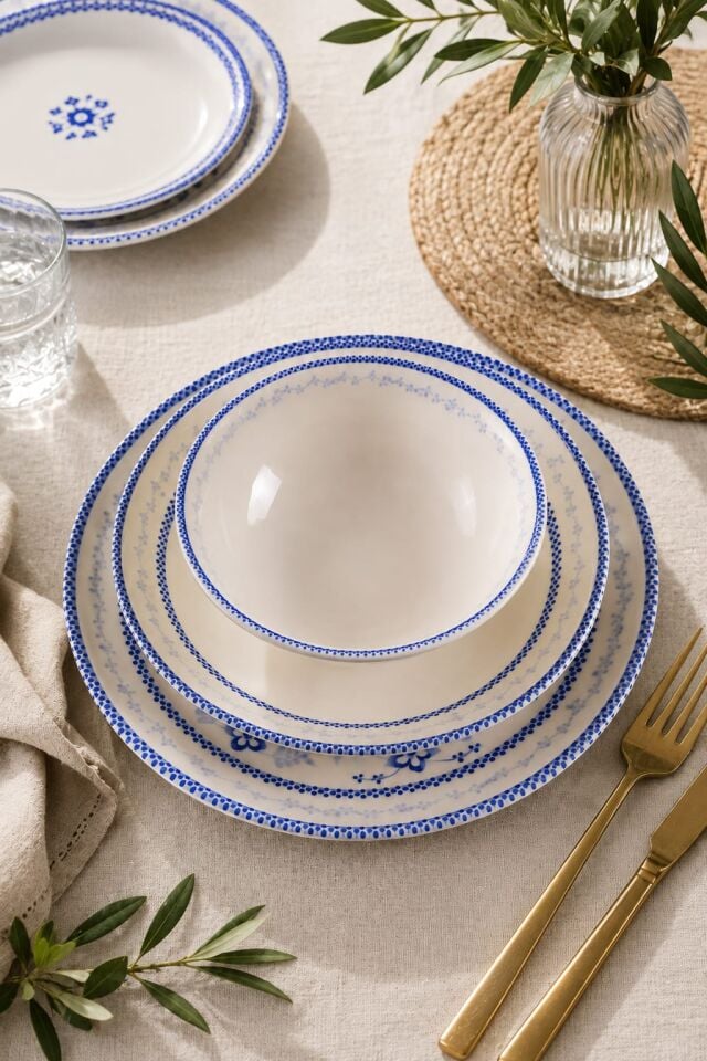 Blue Blanc 24 Parça 6 Kişilik Günlük Yemek Takımı Mavi Desenli