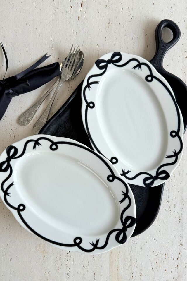 Fiyonk 2'li 30 Cm Büyük Boy Porselen Siyah Mezelik Kayık Tabak Kurdele Desenli (2 ADET) Siyah