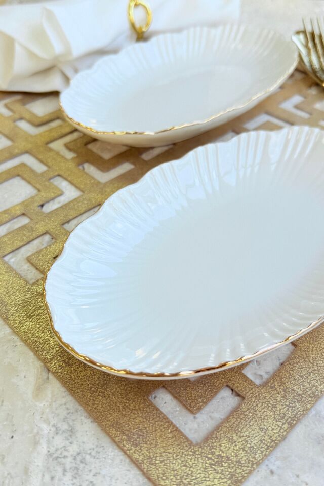 Aura Gold 2li 20 Cm Premium Porselen Küçük Boy Kayık Kahvaltılık Mezelik Sunum Servis Seti Gold
