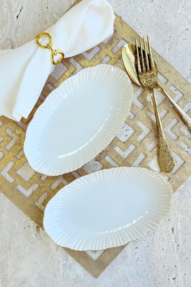 Aura Gold 2li 20 Cm Premium Porselen Küçük Boy Kayık Kahvaltılık Mezelik Sunum Servis Seti Gold