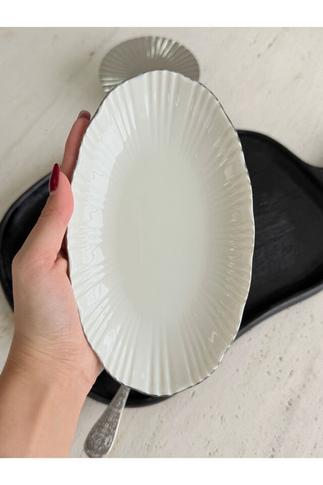 Aura Gold 2li 20 Cm Premium Porselen Küçük Boy Kayık Kahvaltılık Mezelik Sunum Servis Seti Gümüş