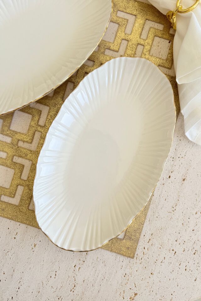 Aura Gümüş 2li 25 Cm Premium Porselen Orta Boy Kayık Sunum Servis Seti (Platin) Gold