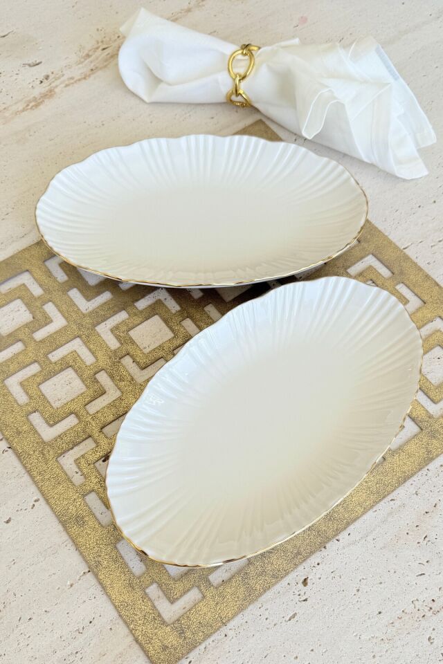 Aura Gümüş 2li 25 Cm Premium Porselen Orta Boy Kayık Sunum Servis Seti (Platin) Gold