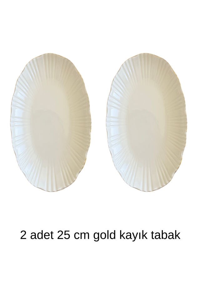 Aura Gümüş 2li 25 Cm Premium Porselen Orta Boy Kayık Sunum Servis Seti (Platin) Gold