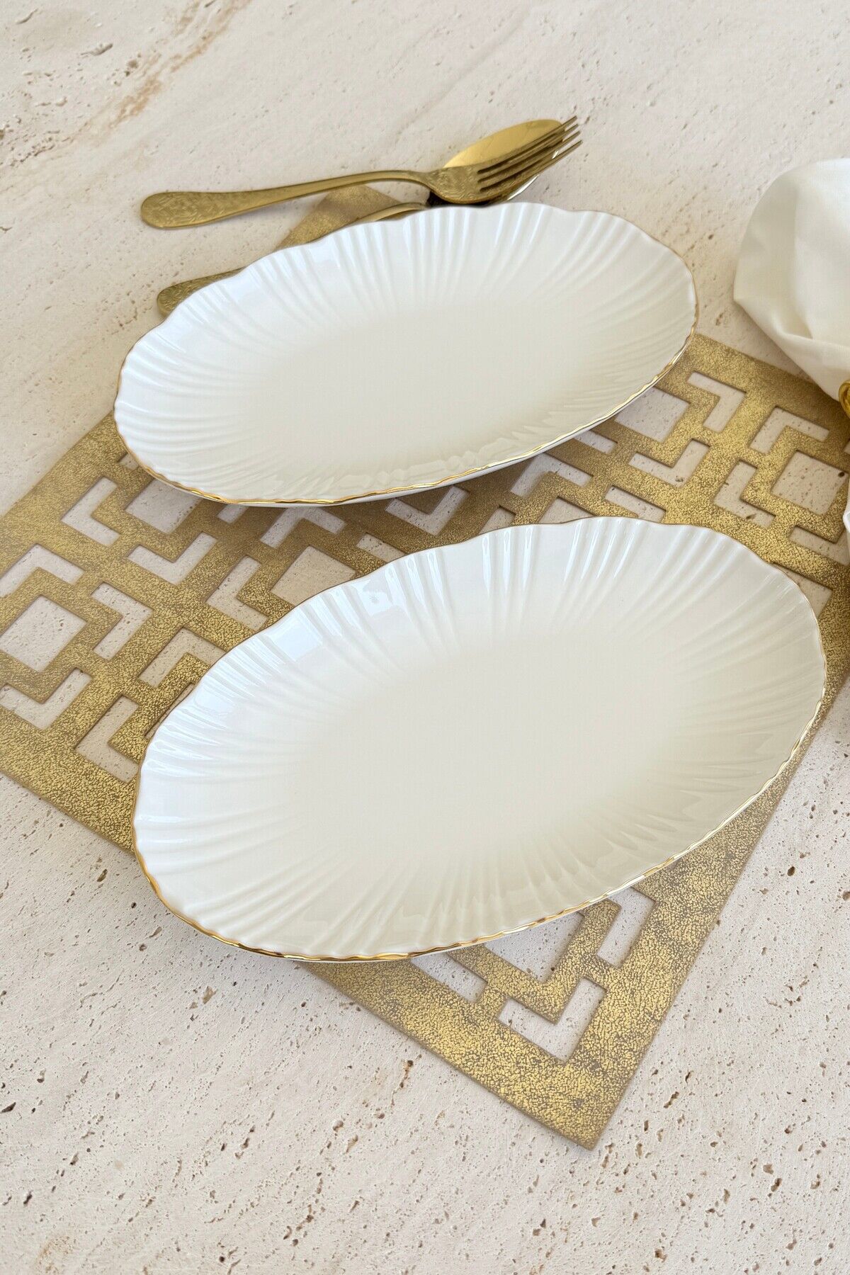 Aura Gümüş 2li 25 Cm Premium Porselen Orta Boy Kayık Sunum Servis Seti (Platin) Gold