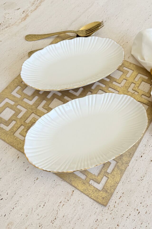 Aura Gümüş 2li 25 Cm Premium Porselen Orta Boy Kayık Sunum Servis Seti (Platin) Gold