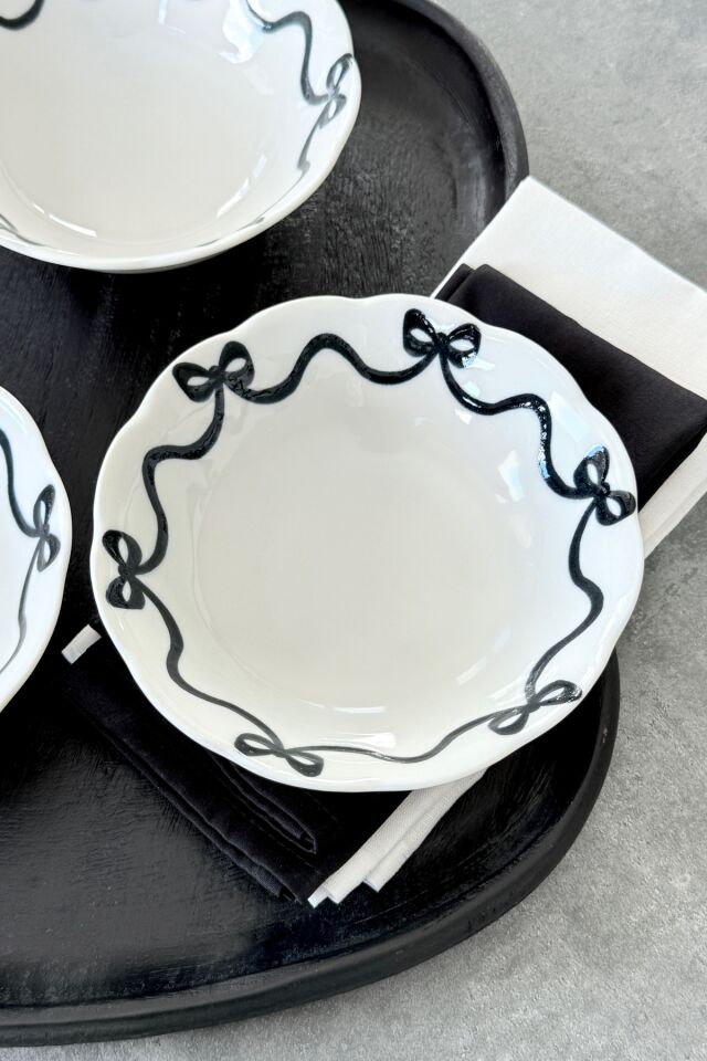 Fiyonk 4 Adet Premium Porselen 16 Cm Çorba Kasesi Takımı Siyah Kurdele Desenli Siyah