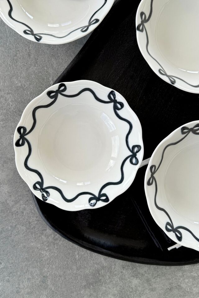 Fiyonk 4 Adet Premium Porselen 16 Cm Çorba Kasesi Takımı Siyah Kurdele Desenli Siyah