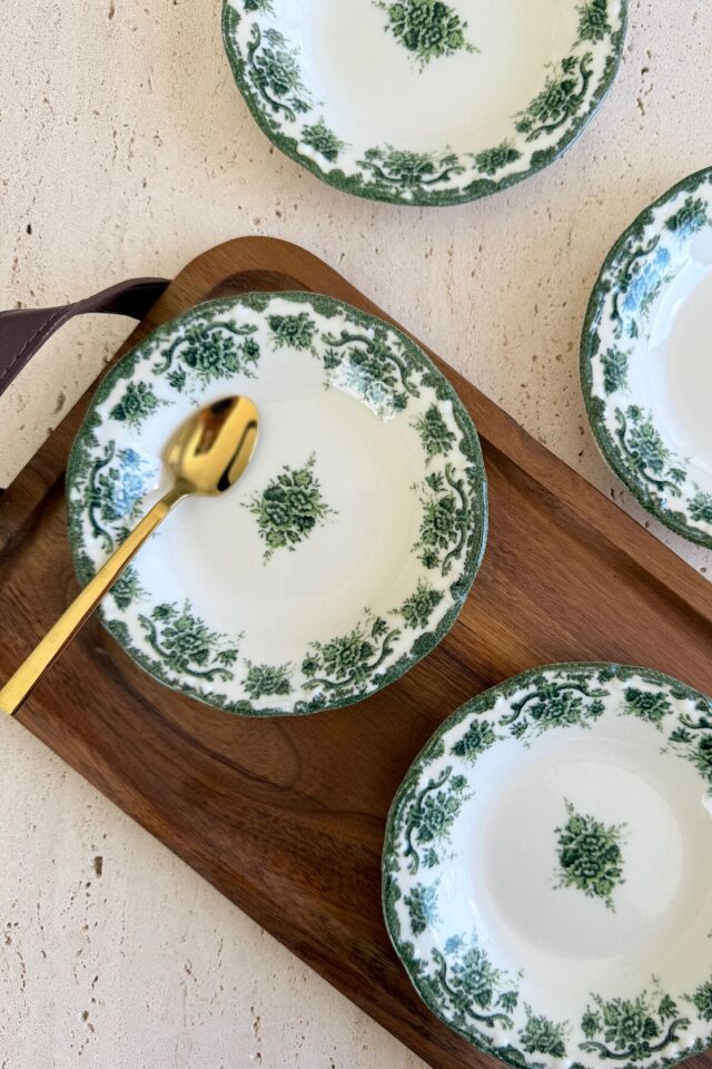 Antique Green 4'lü Porselen Reçellik / Çerezlik Kase Yeşil Çiçek Desenli 4 parça Yeşil