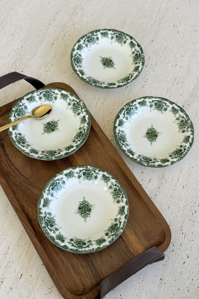 Antique Green 4'lü Porselen Reçellik / Çerezlik Kase Yeşil Çiçek Desenli 4 parça Yeşil