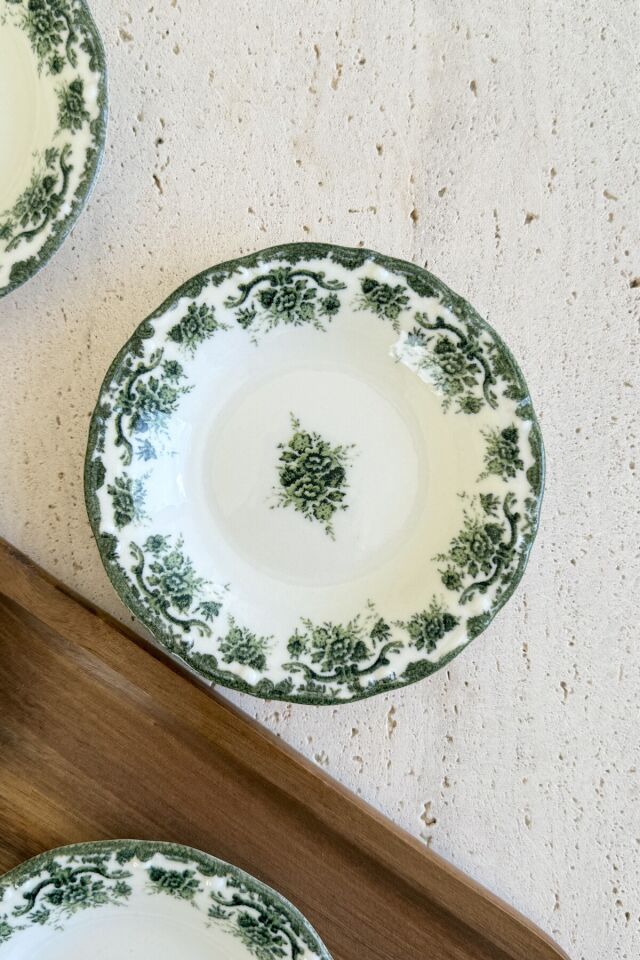 Antique Green 4'lü Porselen Reçellik / Çerezlik Kase Yeşil Çiçek Desenli 4 parça Yeşil