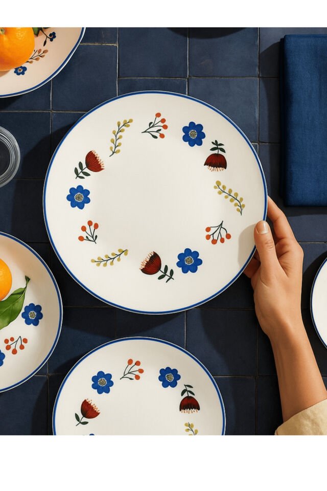 Katy Kit Blue 25 cm 6 kişilik servis, kahvaltı, ikram tabağı premium porselen Lacivert