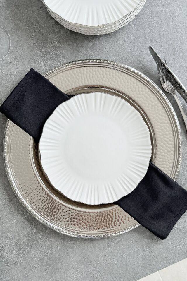 Aura Gold 6 kişilik 21 cm Premium Porselen Pasta Tabağı Takımı Gümüş