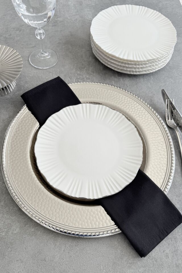 Aura Gold 6 kişilik 21 cm Premium Porselen Pasta Tabağı Takımı Gümüş