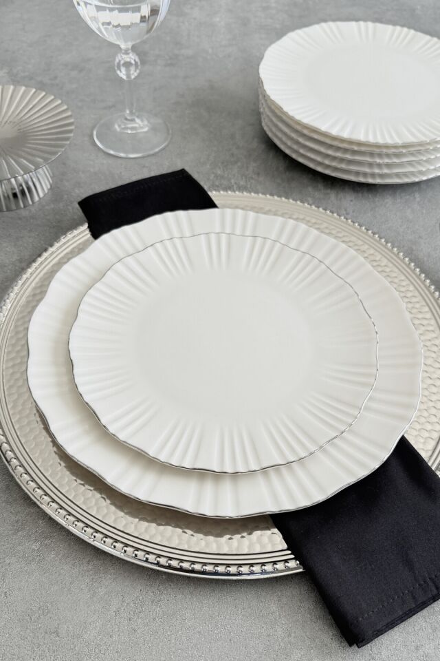 Aura Gold 6 kişilik 21 cm Premium Porselen Pasta Tabağı Takımı Gümüş