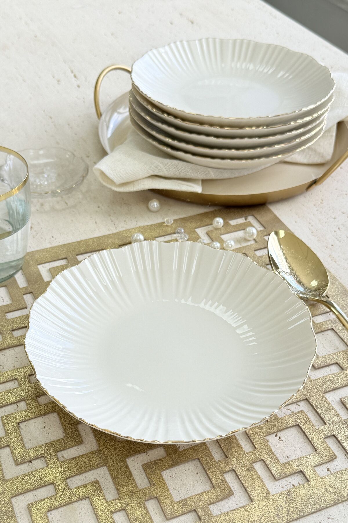 Aura Gold 6 kişilik 21 cm Premium Porselen 6'lı Çukur Yemek Tabağı Takımı Gold