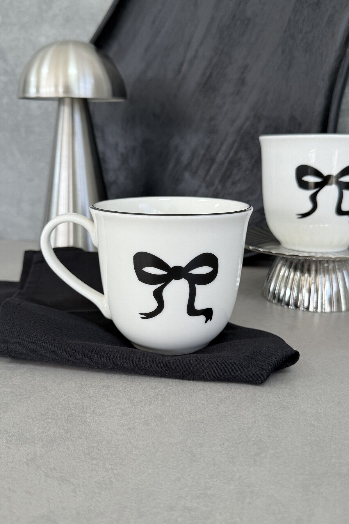 Fiyonk Porselen 2'li Kupa Mug Bardak Büyük Boy Siyah kurdele desenli Siyah