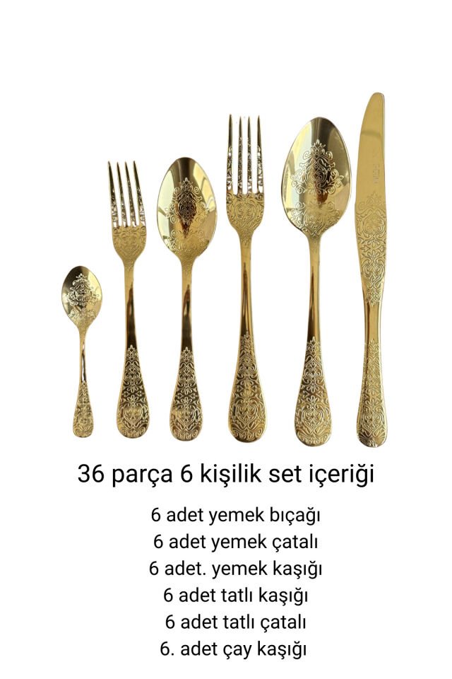 Antique 6 Kişilik 36 Parça 18/10 Paslanmaz Çelik Çatal Kaşık Bıçak Takımı (Gold) Gold