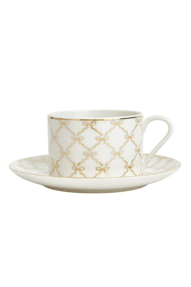 Bow Gold Fiyonk Desenli Porselen Çay Fincan Takımı 2 Kişilik 4 Parça