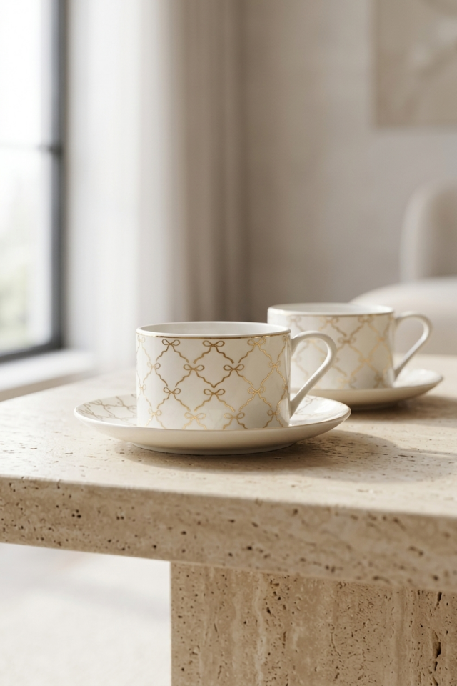 Bow Gold Fiyonk Desenli Porselen Çay Fincan Takımı 2 Kişilik 4 Parça