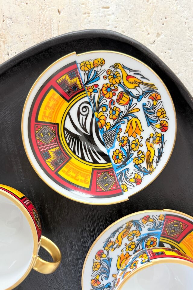 Gold Fish 2 Kişilik 4 Parça Porselen Çay Fincanı Takımı 200 cc Gold Mavi Turuncu Balık Desenli Çok Renkli