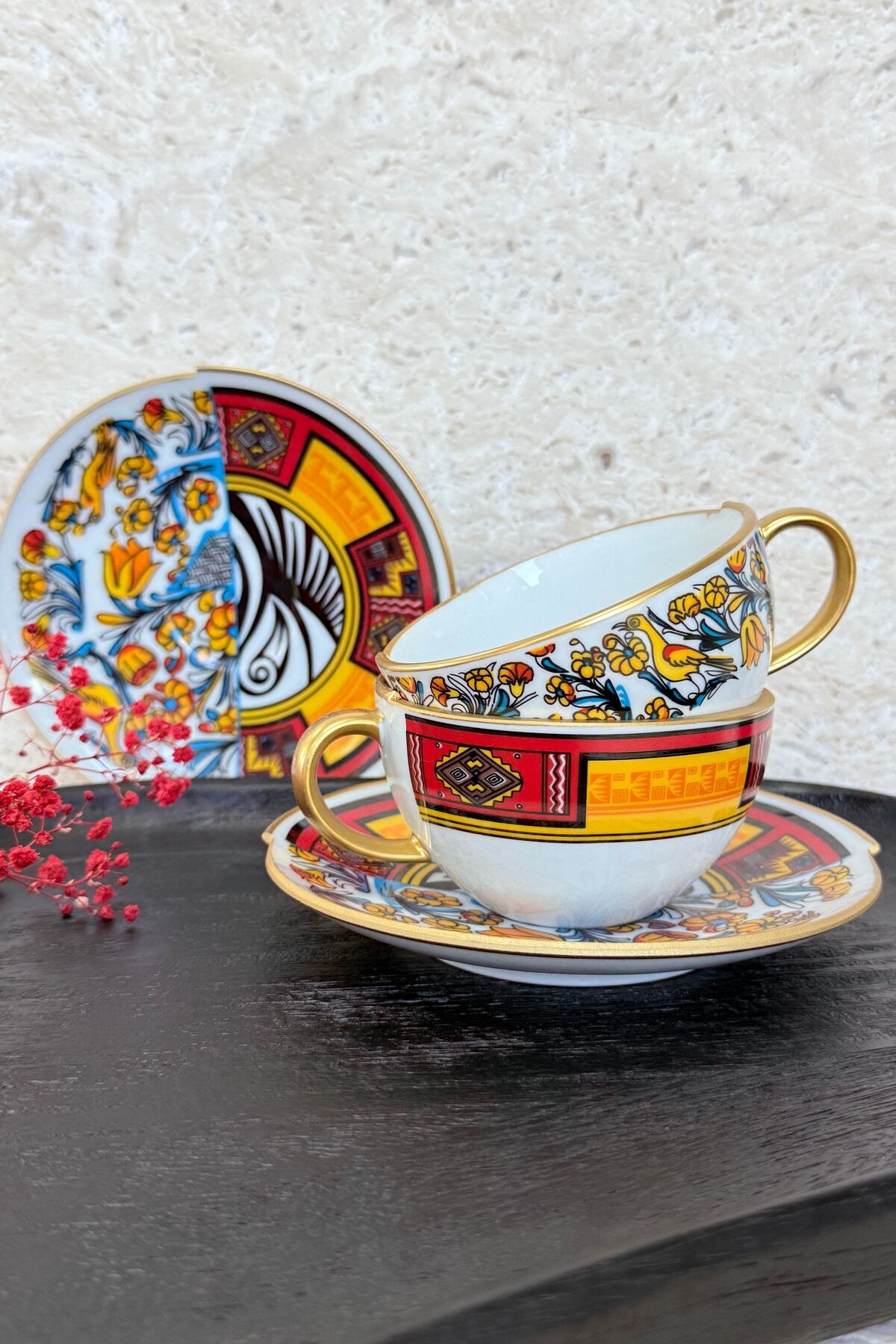 Gold Fish 2 Kişilik 4 Parça Porselen Çay Fincanı Takımı 200 cc Gold Mavi Turuncu Balık Desenli Çok Renkli