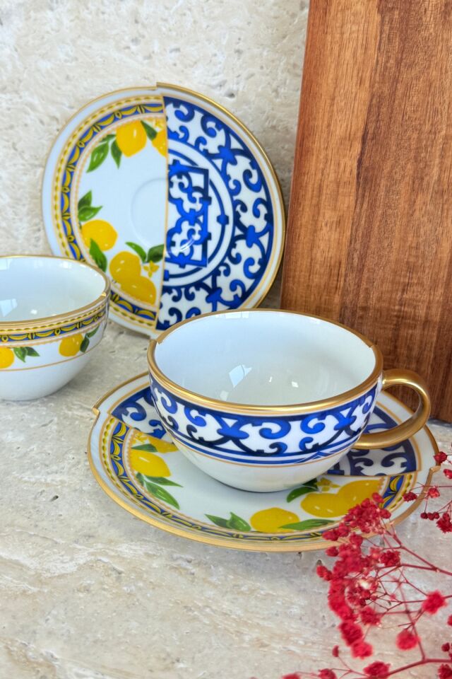 Gold Fish 2 Kişilik 4 Parça Porselen Çay Fincanı Takımı 200 cc Gold Mavi Turuncu Balık Desenli Sarı