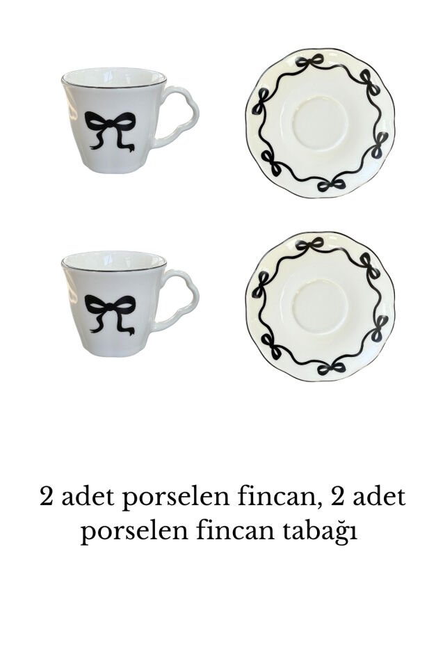 Fiyonk 2 Kişilik 4 Parça Porselen Kahve Fincan Takımı 90 cc Siyah Kurdele Desenli Siyah