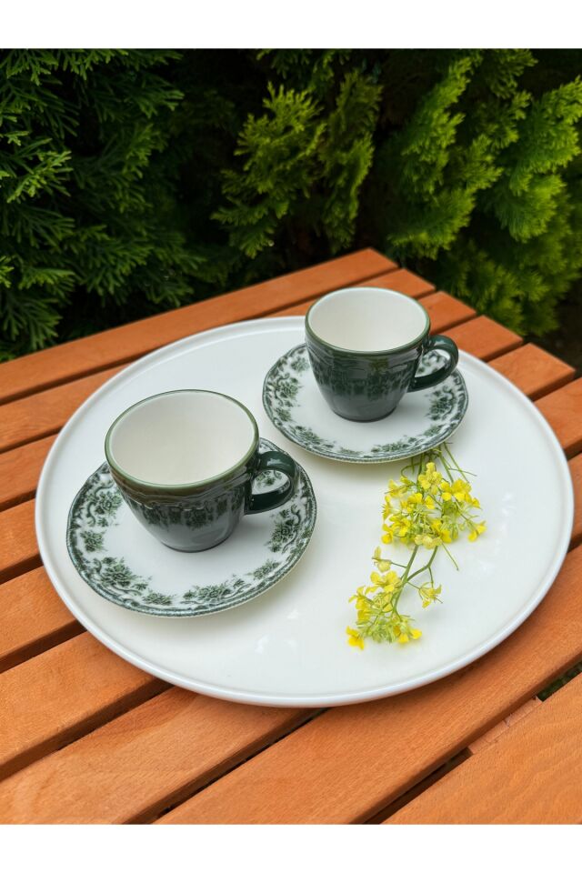 Antique Green 2 Kişilik 4 Parça Porselen Kahve Fincanı Takımı 90 cc Yeşil Çiçek Desenli Yeşil
