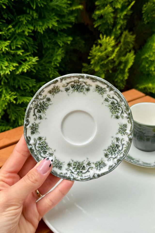 Antique Green 2 Kişilik 4 Parça Porselen Kahve Fincanı Takımı 90 cc Yeşil Çiçek Desenli Yeşil
