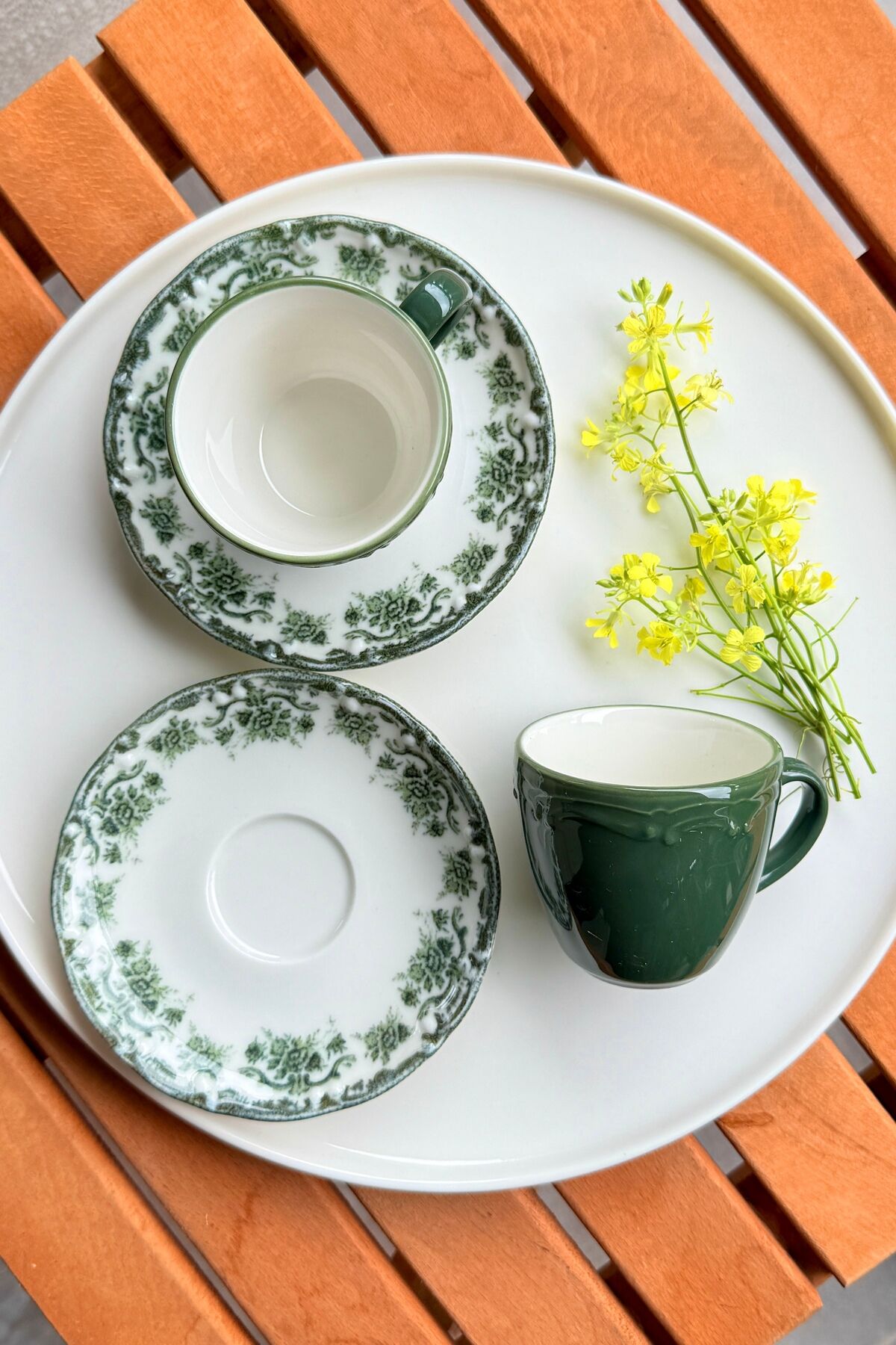 Antique Green 2 Kişilik 4 Parça Porselen Kahve Fincanı Takımı 90 cc Yeşil Çiçek Desenli Yeşil