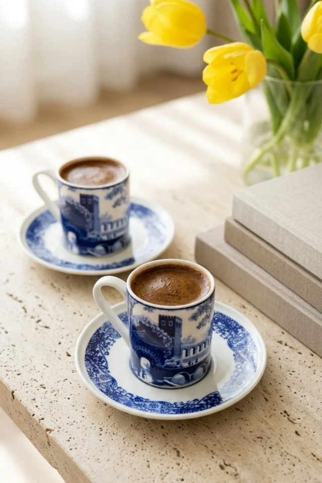 Carbon Blue Mavi Tablo Desenli Porselen Kahve Fincan Takımı 90 ml – 2 Kişilik 4 Parça