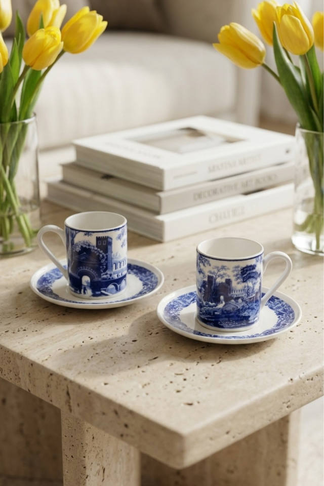 Carbon Blue Mavi Tablo Desenli Porselen Kahve Fincan Takımı 90 ml – 2 Kişilik 4 Parça