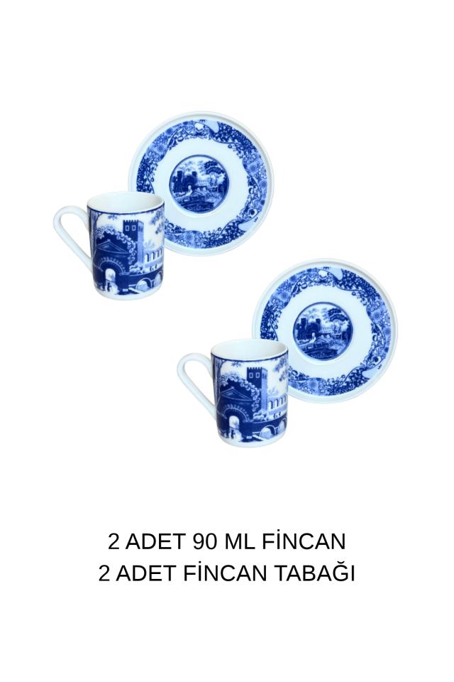 Carbon Blue Mavi Tablo Desenli Porselen Kahve Fincan Takımı 90 ml – 2 Kişilik 4 Parça