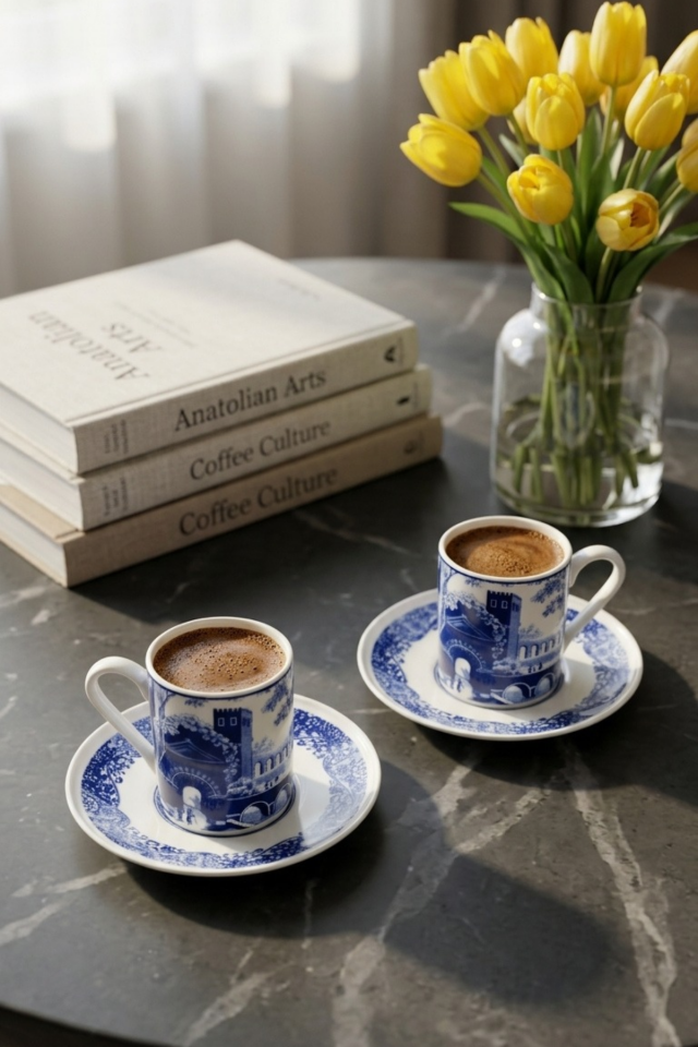 Carbon Blue Mavi Tablo Desenli Porselen Kahve Fincan Takımı 90 ml – 2 Kişilik 4 Parça
