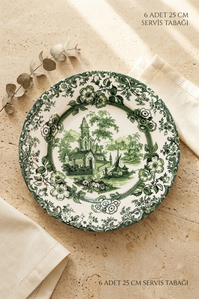 Old Town Green 6 kişilik 25 cm Yeşil Çiçek Desenli Porselen Servis Tabağı