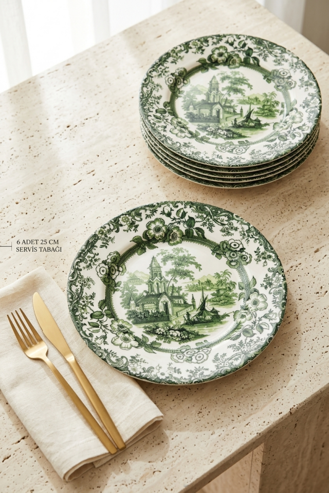 Old Town Green 6 kişilik 25 cm Yeşil Çiçek Desenli Porselen Servis Tabağı
