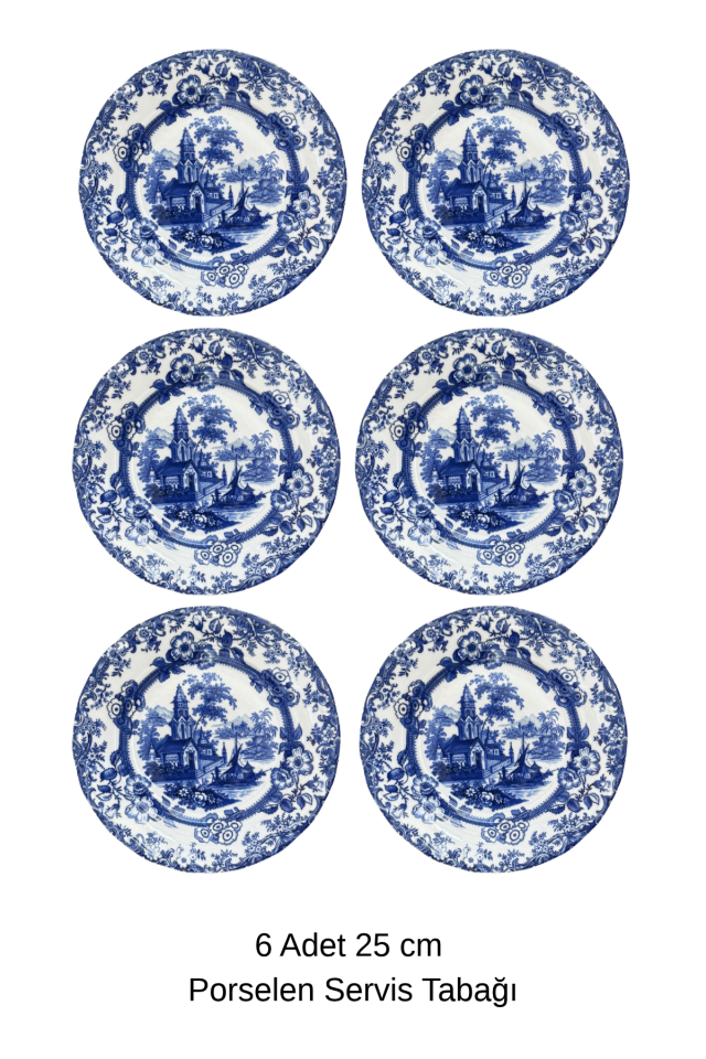 Old Town Blue 6 kişilik 25 cm Mavi Çiçek Desenli Porselen Servis Tabağı